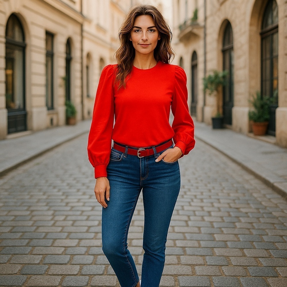 LOFT | Ruffle Cuff Mixed Media Blouse Viva Red Various Sizes Available